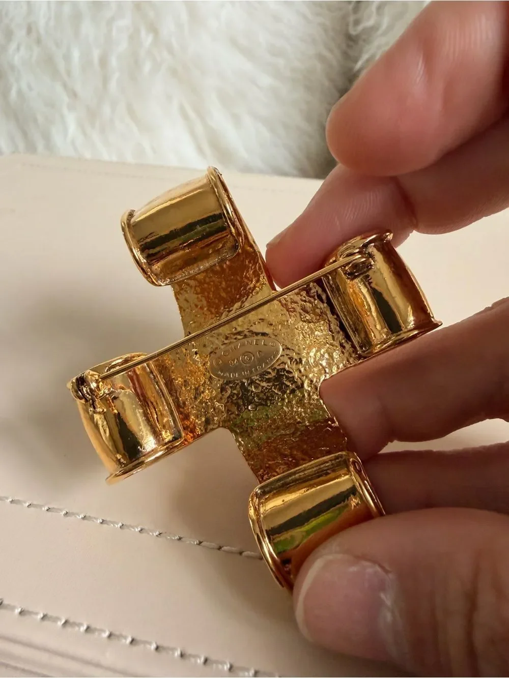 chanel Gold Tone Cross Brooch with Interlocking CC Logo